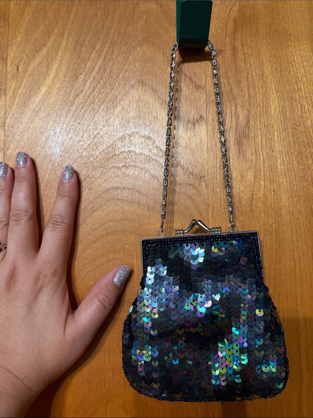Blue Iridescent Sequence coin purse with  Chain Strap